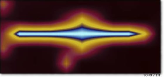 This UFO-like image was created from a picture of the sun and its surroundings, captured by the Solar and Heliospheric Observatory.