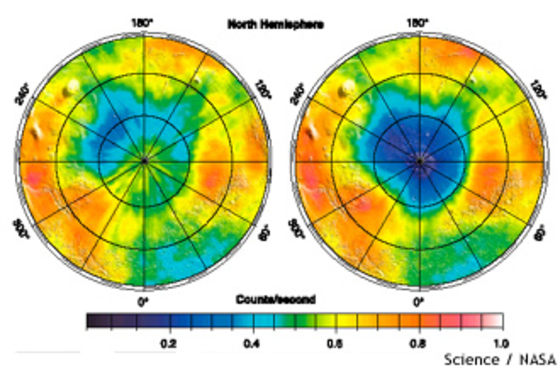 False-color images show epithermal neutron flux during winter (left) and summer (right) in Mars' northern hemisphere. Dark blue hints at the presence of water ice. The north pole is covered by frozen carbon dioxide in winter, but a summer "thaw" reveals frozen water beneath.