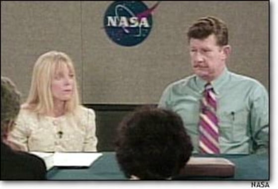 Linda Ham, who led Columbia’s Mission Management Team. and Philip Engelauf, the mission operations representative on the team, meet the press at an impromptu roundtable Tuesday.