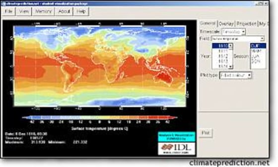 A screenshot shows a test version of the future graphical interface for ClimatePrediction.net's program. A basic version of the simulation software is available from the project Web site.