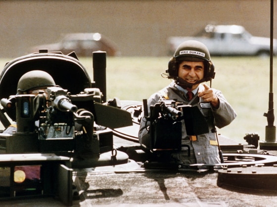 A Sept. 13, 1988 AP Photo of presidential candidate Michael Dukakis taking a ride on a new tank confirmed the perception that liberal candidates were not as militarily strong as their Republican counterparts. ( Photo by Michael E. Samojeden/AP Photo/FILE)