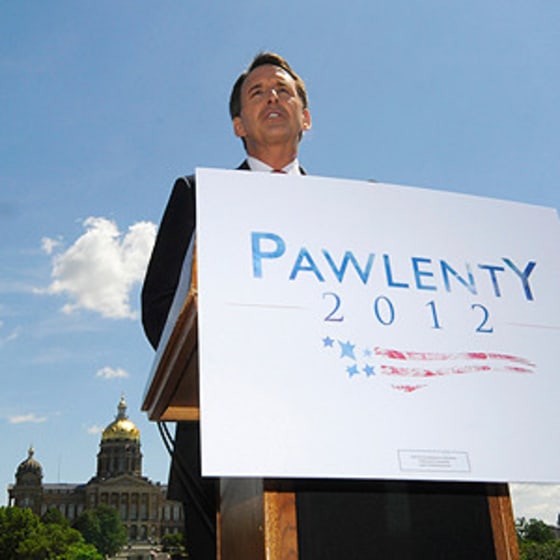 Tim Pawlenty giving a speech in Des Moines, Iowa on Monday.