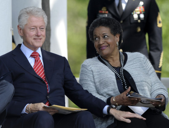 Former President Bill Clinton sits next to Myrlie Evers-Williams, the widow of slain civil rights activist Medgar Evers, during the 50th anniversary remembrance ceremony of his death, Wednesday, June 5, 2013,  at Arlington National Cemetery in...