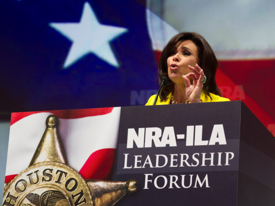 Judge Jeanine Pirro, host of the television program \"Justice with Judge Jeanine,\" addresses the NRA annual Convention May 3, 2013 in Houston, Texas. More than 70,000 members of the nation's premier gun rights organization have flocked to Texas for the...