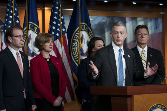 Chairman Trey Gowdy (R-SC) and other members of the House Select Committee on Benghazi speak to reporters at a press conference on the findings of former Secretary of State Hillary Clinton's personal emails at the U.S. Capitol on March 3, 2015.