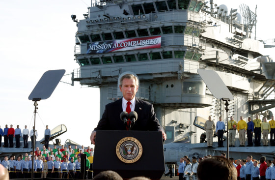 President Bush declares the end of major combat in Iraq as he speaks aboard the aircraft carrier USS Abraham Lincoln off the California coast, in this May 1,this May 1, 2003 file photo. Democratic congressional leaders on Tuesday, May 1, 2007 sent Iraq...