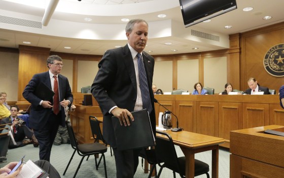 Texas attorney general Ken Paxton departing after testifying at a Texas Texas Senate Health and Human Services Committee hearing on Planned Parenthood videos covertly recorded that target the abortion provider, July 29, 2015. (Photo by Eric Gay/AP)