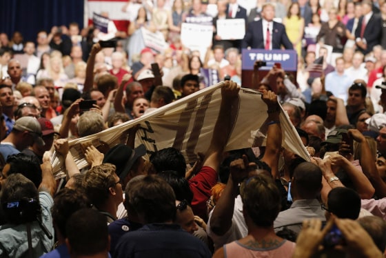 Trump supporters pull down an immigration rights protest banner as Trump speaks in the background, Saturday, July 11, 2015, in Phoenix, AZ. (Photo by Ross D. Franklin/AP)