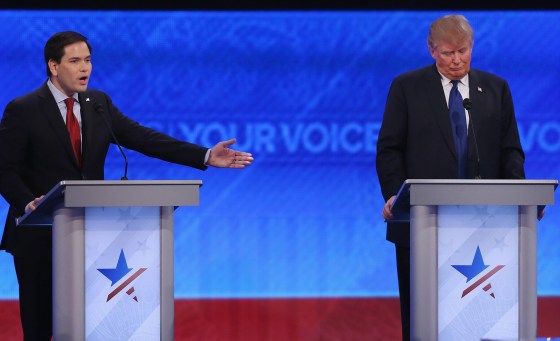 Republican presidential candidates Sen. Marco Rubio and Donald Trump participate in the Republican presidential debate at St. Anselm College, Feb. 6, 2016 in Manchester, N.H. (Photo by Joe Raedle/Getty)