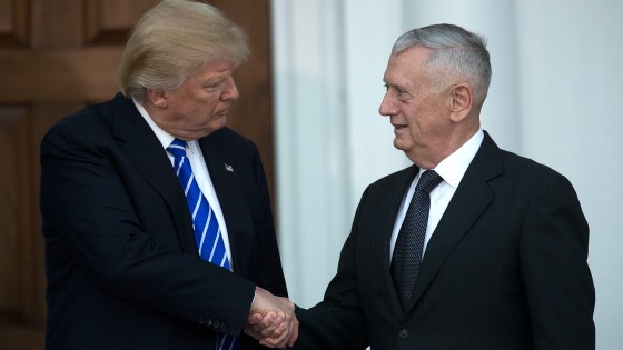 (L to R) President-elect Donald Trump shakes hands with retired United States Marine Corps general James Mattis after their meeting at Trump International Golf Club, Nov. 19, 2016 in Bedminster Township, N.J. (Photo by Drew Angerer/Getty)