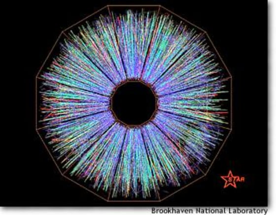 This image shows two gold beams colliding at near the speed of light. The collision took place at the Relativistic Heavy Ion Collider run by Brookhaven National Laboratory in New York.
