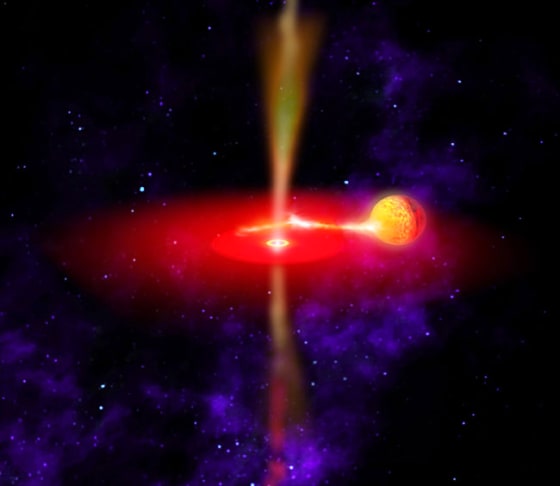 Astronomers believe ultra-luminous sources of X-rays come from blackholes sucking up matter from nearby stars (above). Although their existence is still controversial, intermediate-mass black holes may added to the suspect list of very small and very large black holes, as recent evidence suggests that one exists in the galaxy NGC 5408.