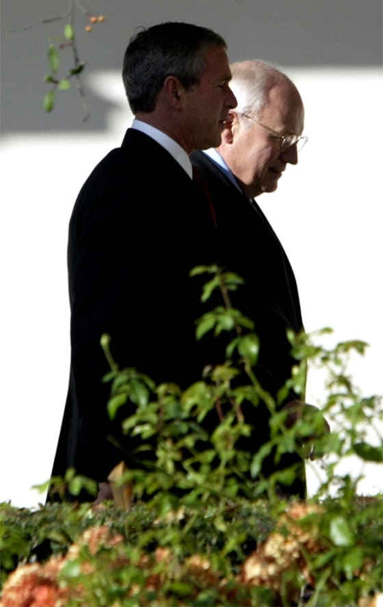 PRESIDENT BUSH AND VICE PRESIDENT CHENEY WALK FROM THE OVAL OFFICE