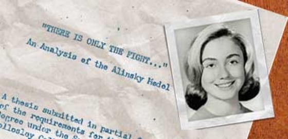 Hillary Rodham in 1965, when she was president of Wellesley College's Young Republicans, shown here with the cover page of her senior thesis from 1969 on radical organizer Saul D. Alinsky.