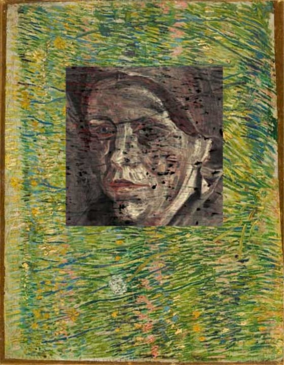 \"Patch of Grass\" was painted by Van Gogh in Paris in 1887. Behind the painting is a portrait of a woman. Credit: TU Delft
