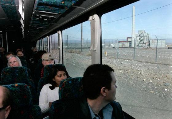 Image: Tourists on bus arrive at the Hanford nuclear reservation
