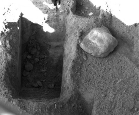 The lander's Surface Stereo Imager took this picture of Stone Soup trench on Sol 88 after the day's digging. Stone Soup is toward the left, or west, end of the robotic arm's work area on the north side of the lander. Credit: NASA/JPL-Caltech/University of Arizona/Texas A&M University