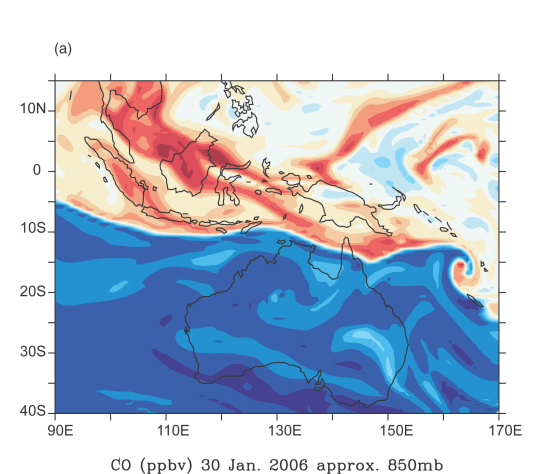 This chart shows a 'chemical equator' just north of Australia. Red represents high levels of carbon monoxide on Jan. 30, 2006. Blue reflects clean air.