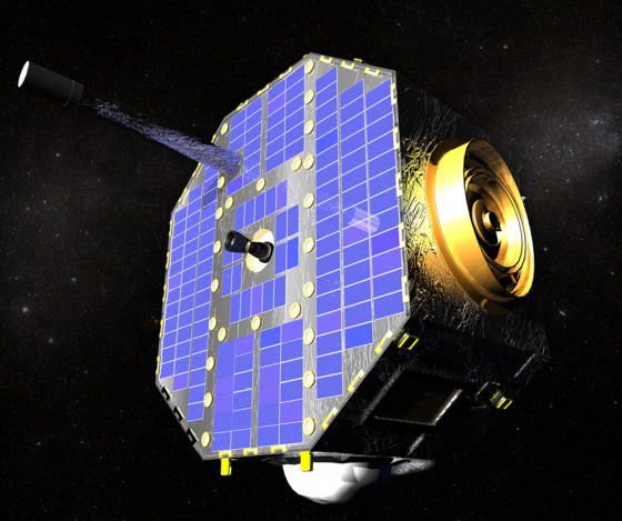 The Interstellar Boundary Explorer, seen in this artist's conception, is designed to study the chaotic region in space where the solar wind from the sun clashes with cold gases from interstellar space.