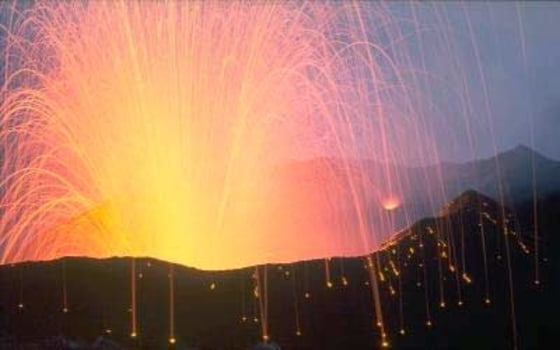 Close view of Stromboli Volcano erupting incandescent molten lava fragments. Credit: USGS and B. Chouet in December 1969
