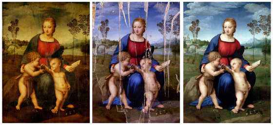 Image: Three separate undated photos show restoration process of Italian artist Raphael's \"Madonna of the Goldfinch\" in Florence