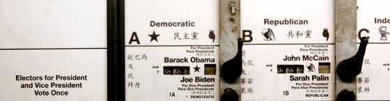 Presidential candidates are listed in English, Spanish and Chinese on the ballot of one of New York's lever-operated mechanical voting machines. 