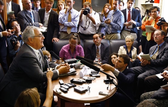 Image: House Financial Services Committee Chairman Rep. Barney Frank talks with reporters