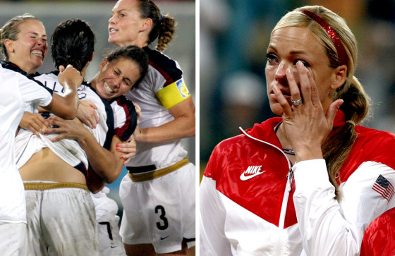 The U.S. women's soccer team celebrates their championship win over Brazil, left. Earlier, softball superstar pitcher Jennie Finch sheds a tear after her team was shocked by Japan in the final.