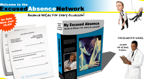 Though the company’s disclaimer advises the notes are “for entertainment purposes only,” its Web site shows pictures of people sunbathing and playing golf using the excuses.