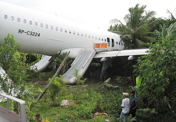 A Philippine Airlines Airbus A320 overshot a runway and plowed into a banana and coconut grove while landing in the southern city of Butuan early Friday, injuring 19 passengers and crew.
