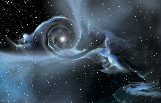 This artist's conception shows gas from a companion star spiraling into the heftiest known solar-mass black hole. The gas heats up and emits X-rays, which allows astronomers to deduce the black hole's presence. 