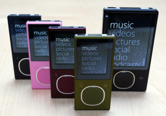 The new 8-gigabyte Microsoft ZUNE in four colors and the new 80-gigabyte ZUNE model are displayed in Redmond