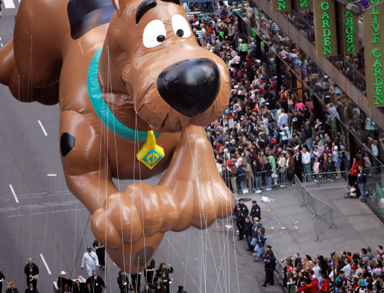 The Scooby Doo balloon floats down Broadway during the Macy's Thanksgiving Day Parade in New York.