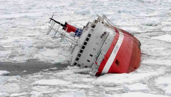 Image: MS Explorer beginning to heel starboard after hitting an iceberg