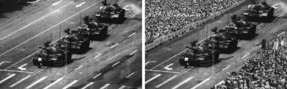 The original photo of a lone demonstrator facing down tanks in Beijing's Tiananmen Square in 1989, at left, was altered to add crowds of spectators, at right.