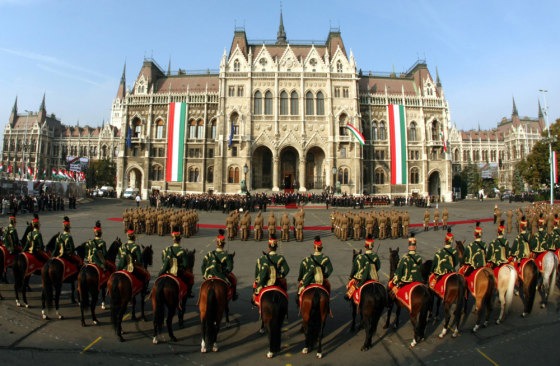 Image: Hungarian soldiers attend an official ceremony in front of the parliament building in Budapest.