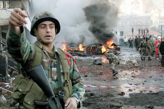 Image: Lebanese soldiers secure the site of an explosion in Christian town Baabda east of Beirut.