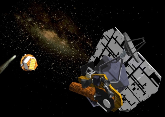 The Deep Impact mothership is shown here in an artist's conception shooting an impactor toward Comet Tempel 1. That 2005 mission has ended, but NASA is giving the instrument-laden mothership a couple of new tasks: to look for extrasolar planets and take a close look at Comet Hartley 2.