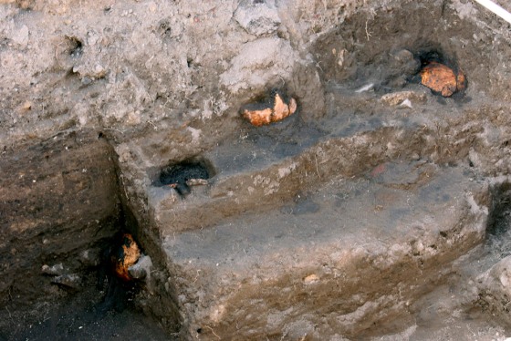 Image: Some of the five skulls discovered are seen in the \"Plaza de las Tres Culturas\" in the central Tlatelolco area of Mexico City