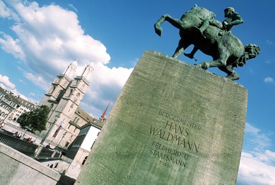 Image: a statue of former burgermeister Hans Waldmann in Zurich