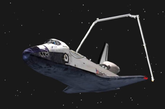 Image: CGI of Flight Day 2 heat shield inspections for the space shuttle Atlantis