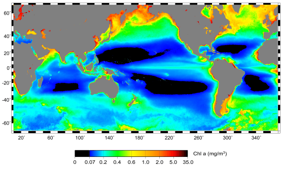 New research uses satellite data to show ocean productivity. The black areas are the least productive. 