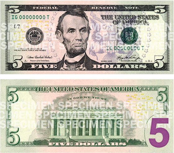 Image: new five dollar bill