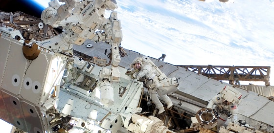Image: Space shuttle Endeavour astronauts outside the International Space Station