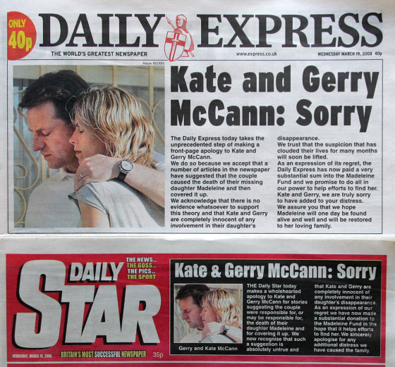Image: The front pages of the Daily Express and the Daily Star newspapers featuring apologies to Kate and Gerry McCann