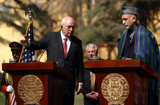 Image: U.S. vice-President Dick Cheney speaks as Afghan President Hamid Karzai looks on