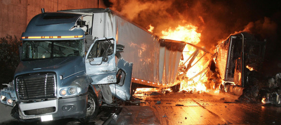 Image: Big rig truck burns at accident scene on Interstate 5 freeway north of Los Angeles