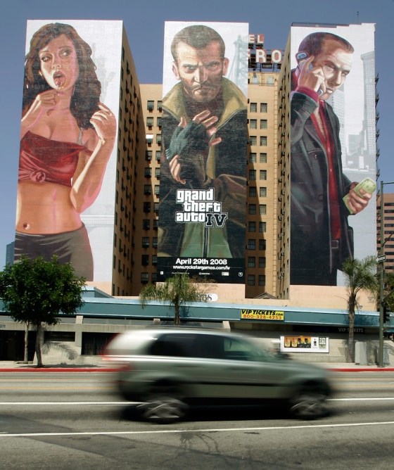 Three 10-story high murals promoting the debut of the computer game GTA Grand Theft Auto IV are seen on the Figueroa Hotel in downtown Los Angeles. The road to "Grand Theft Auto IV" has been less ballyhooed than last year's over-the-top "Halo 3" debut.