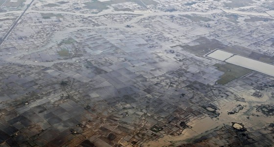 An aerial view taken by the Royal Thai Air Force shows the outskirts of Yangon on Tuesday covered in floodwater from the cyclone.