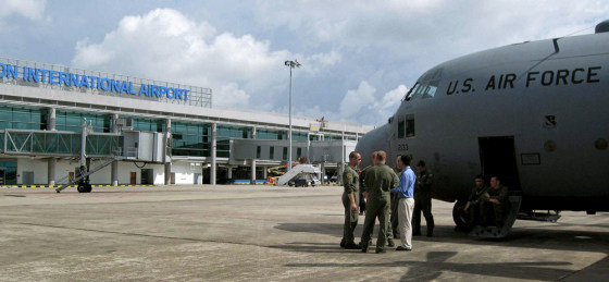 Image: A US Air Force plane is seen on the tarmac of Yangon airport